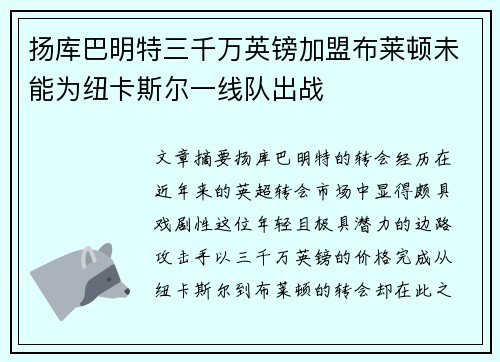 扬库巴明特三千万英镑加盟布莱顿未能为纽卡斯尔一线队出战