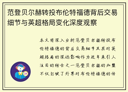 范登贝尔赫转投布伦特福德背后交易细节与英超格局变化深度观察